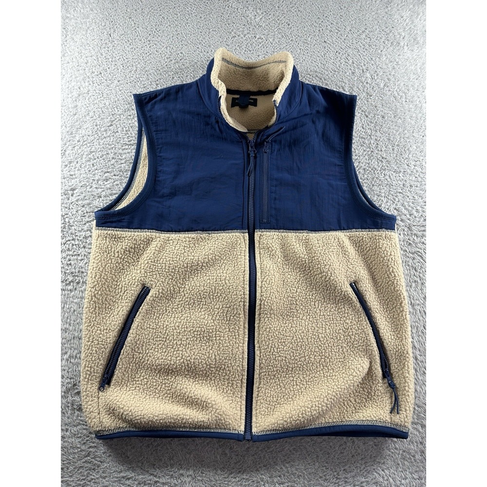 J. Crew Sherpa Vest Mens Medium Full Zip Navy Blue Barley‎ Tan Preppy